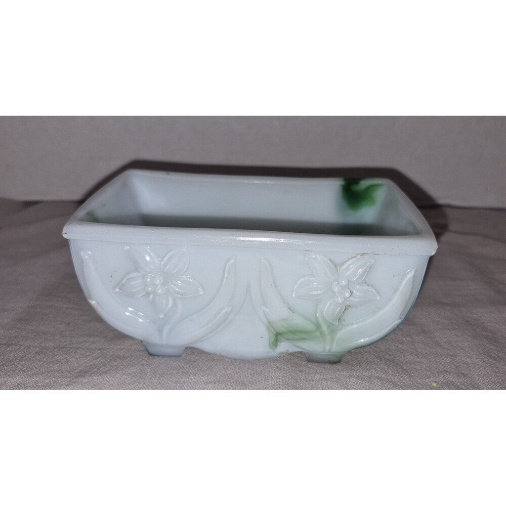 Vintage Akro Agate Green White Slag Glass Planter Bowl